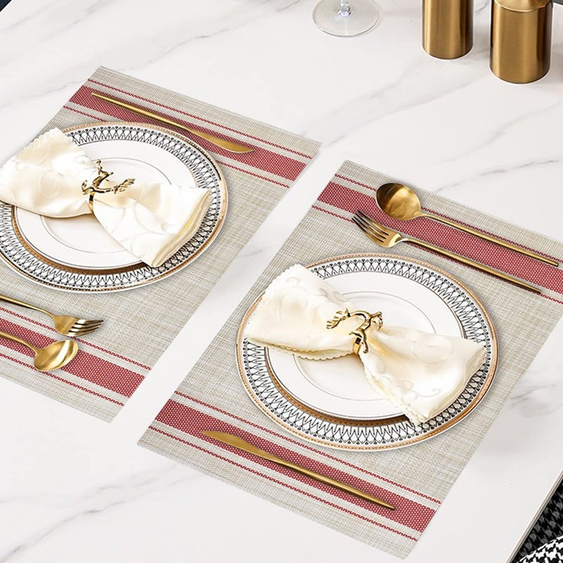 DACHUI Placemats Set of 4, Soft & Elegant Woven Vinyl Place Mats, Water Resistant, Heat Resistant, Washable, Durable Table Mats (Red Stripes) - Image 2